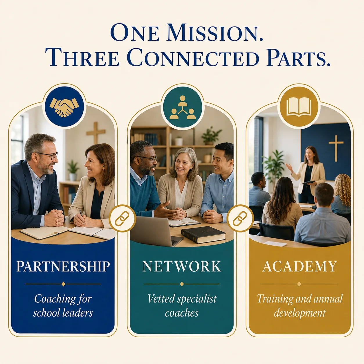 The Barnabas program shown as Coaching Partnership, Coaching Network, and Leadership Academy