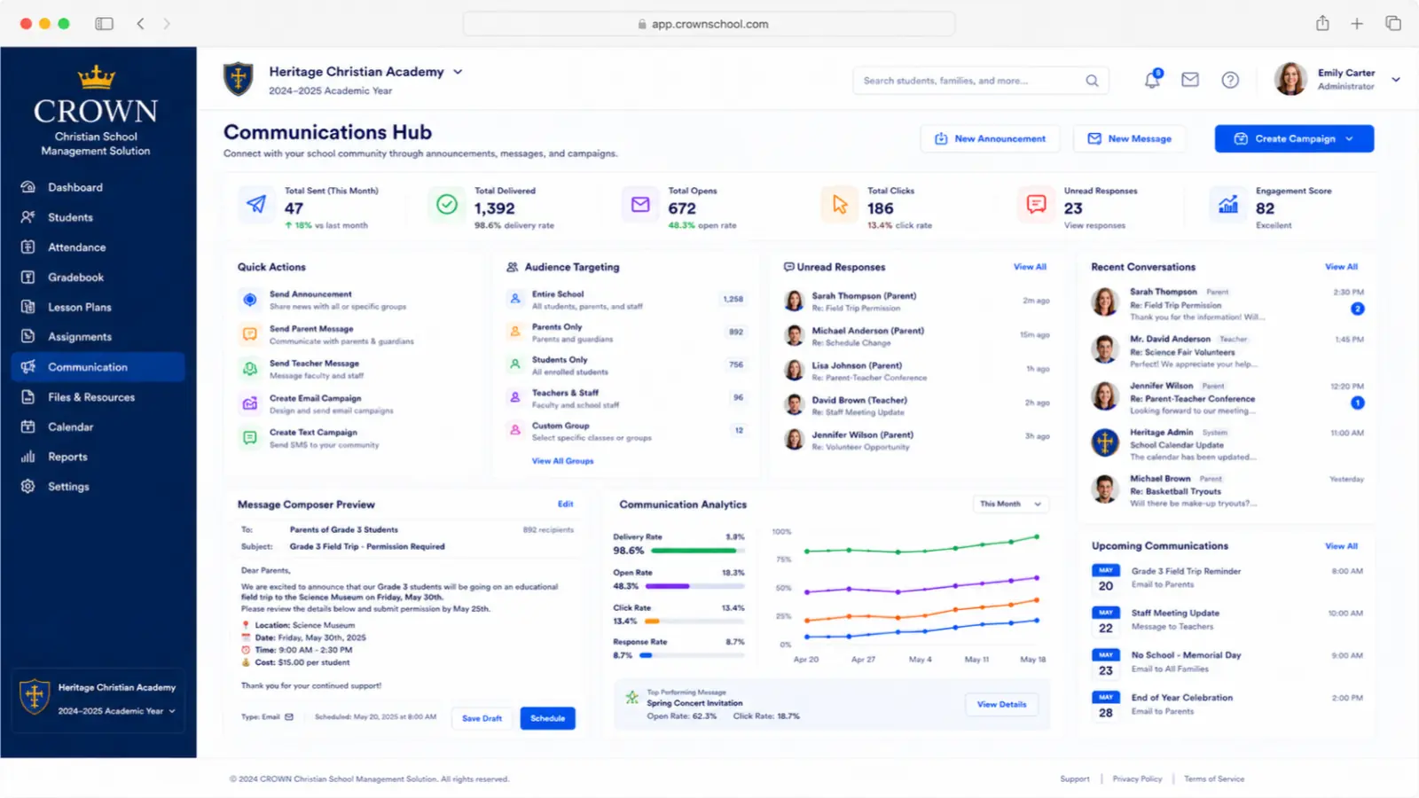 CROWN communications hub for messages, announcements, delivery, and engagement