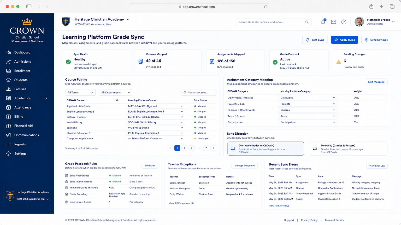 CROWN learning platform grade synchronization concept interface with demonstration data