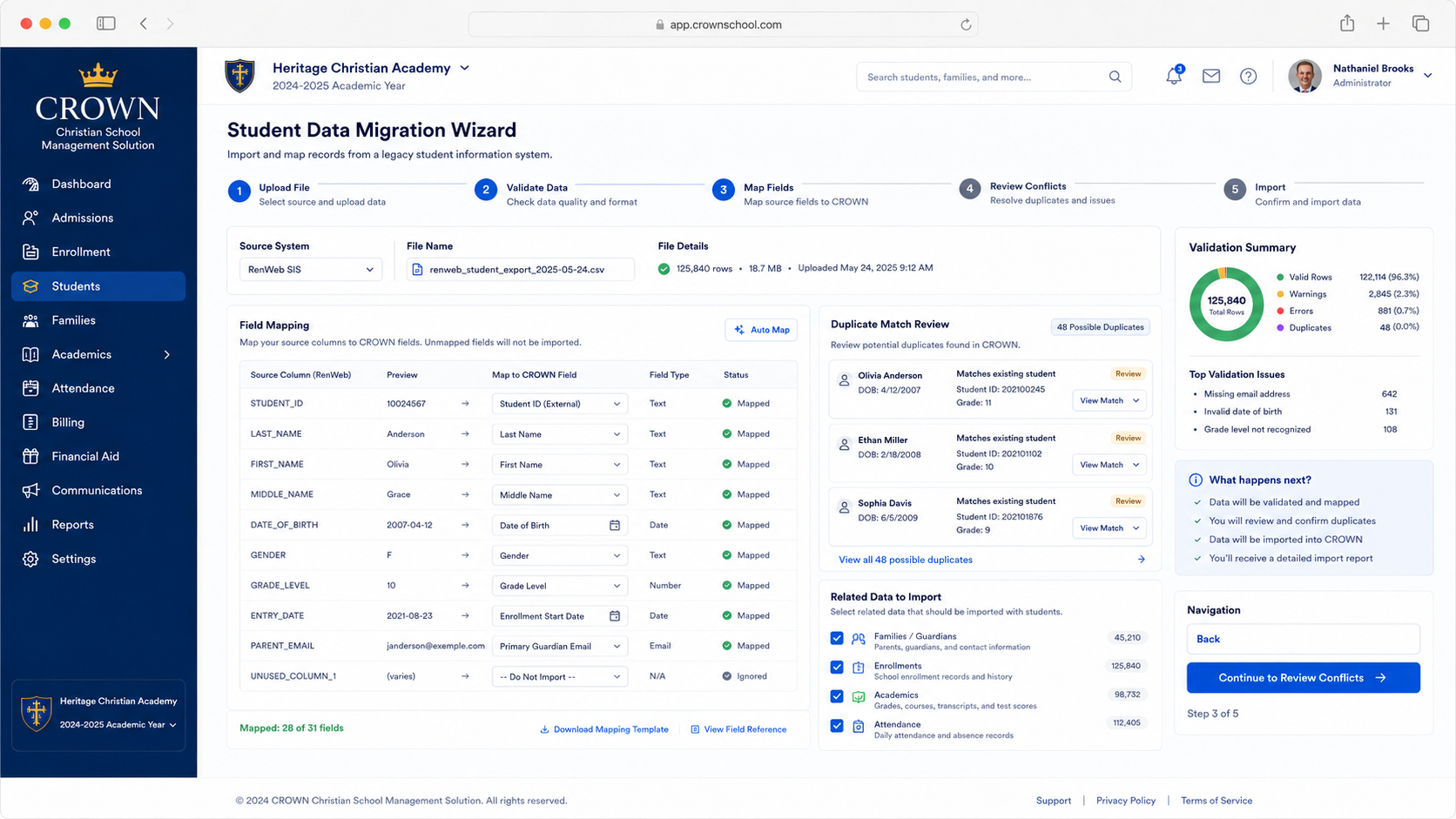 CROWN student data migration wizard concept interface with demonstration records