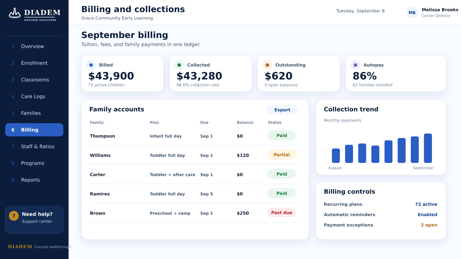 Diadem billing and collections concept dashboard showing balances and payments