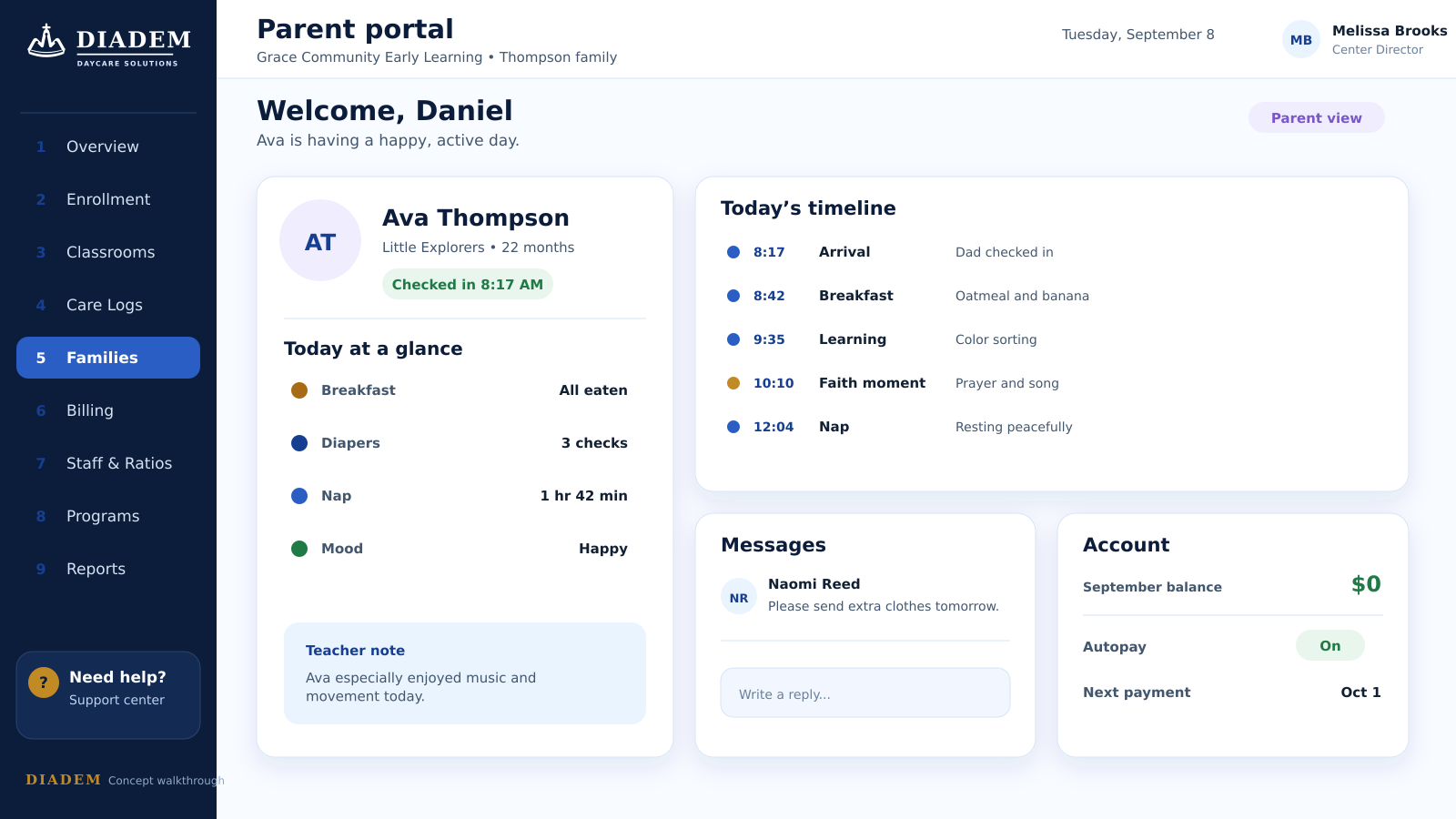 Diadem family portal concept with child updates, payments, and messages