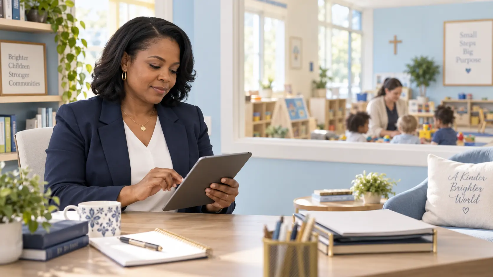Daycare director reviewing operations while a faith-based early care classroom continues nearby