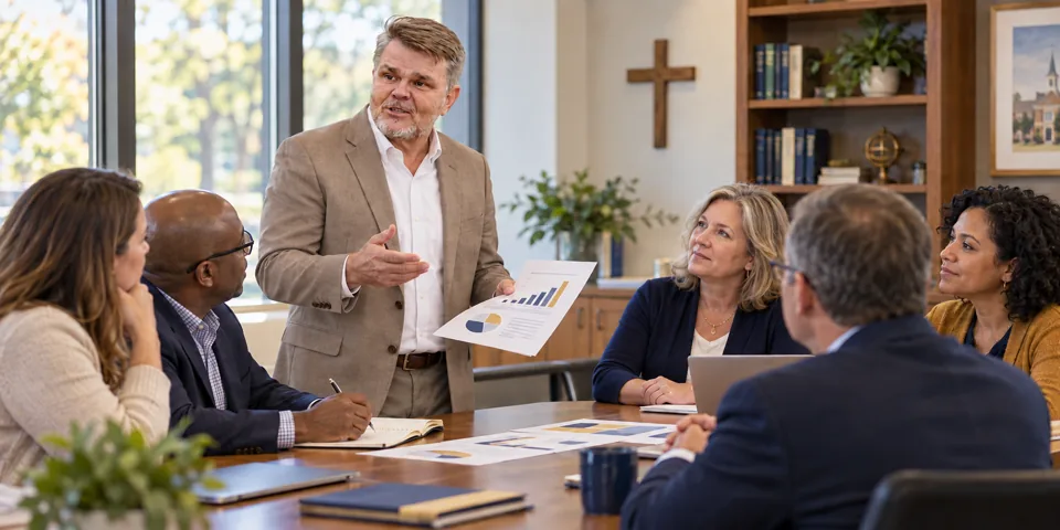 Illustrative scene of TC Megahan reviewing a report with school board members in a tan jacket