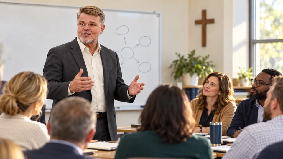 Illustrative scene of TC Megahan leading a school leadership workshop